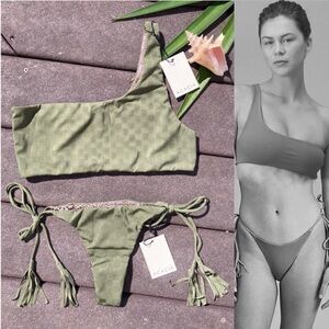 ACACIA Set - Peyote Check Celine One Shoulder Bikini Top & Lauie Thong Bottom L
